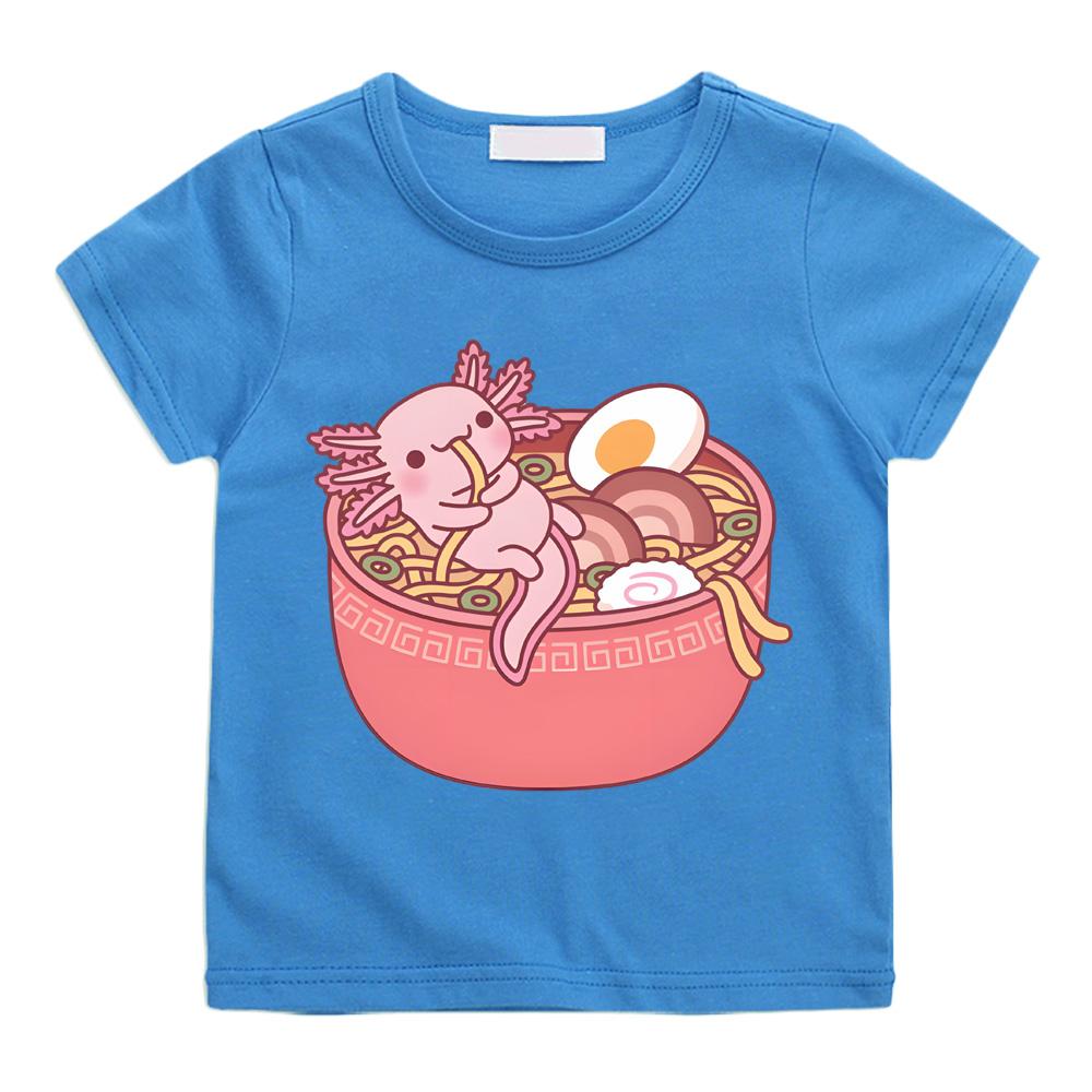 Cute Axolotl Eating Ramen Noodles in Bowl Funny T-shirts Cotton Short Sleeve Boys/Girls T Shirt Summer Round Neck T-shirt