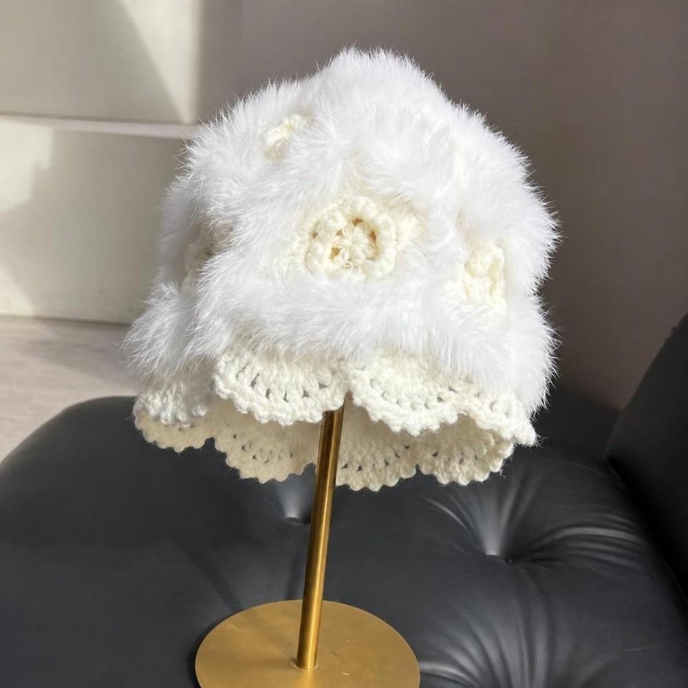 Rabbit Fur Earflap Bucket Hat Warm Plush Hat Trendy Fluffy Knitted Skull Cap  Daily Wear