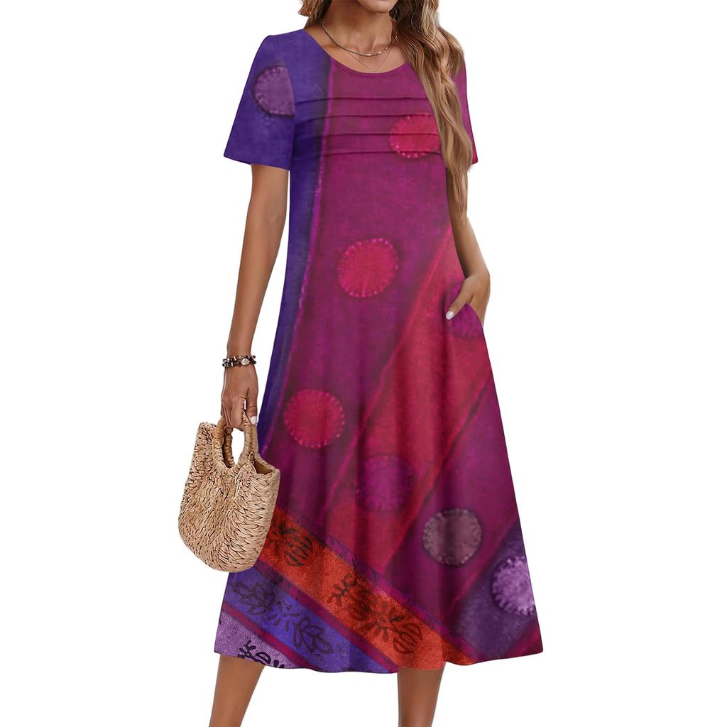Damenkleid mit Blumenmuster, lässig und modisch, kurzärmelig, Rundhalsausschnitt