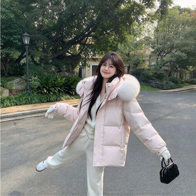 Womens Short Hooded Puffer Jacket With Faux Fur Trim Pink 90 White Duck Down Winter Coat