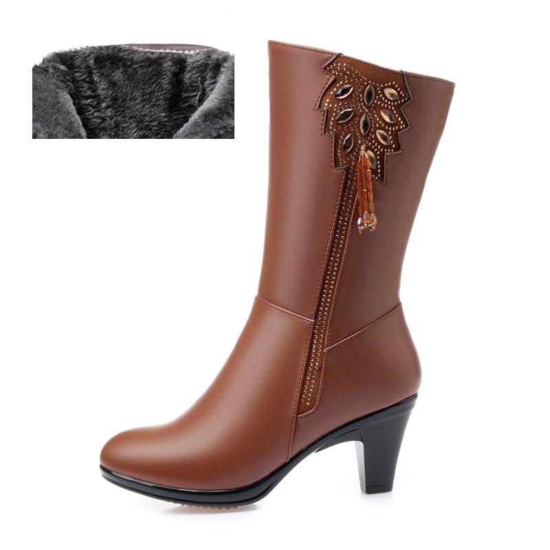 Fashion AIYUQI Women Winter Boots High Quality Cow Leather Long Winter Boots High Heel Wool Warm Female Tassel Boots