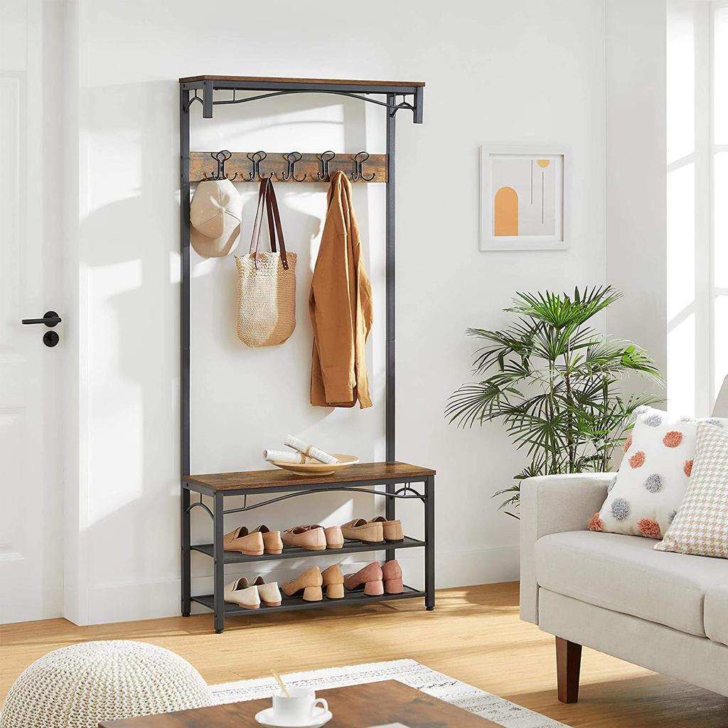 VASAGLE Coat Rack Stand, Industrial Coat Tree, Hallway Shoe Rack and Bench with Shelves, Hall Tree with Hooks, Matte Metal Frame