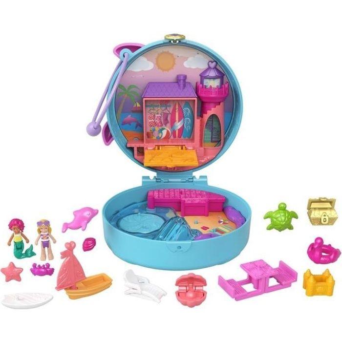 Polly Pocket - Coffret la plage du dauphin, avec Polly et sirène, 5 surprises et 13 accessoires - Mini-poupée - Dès 4 ans
