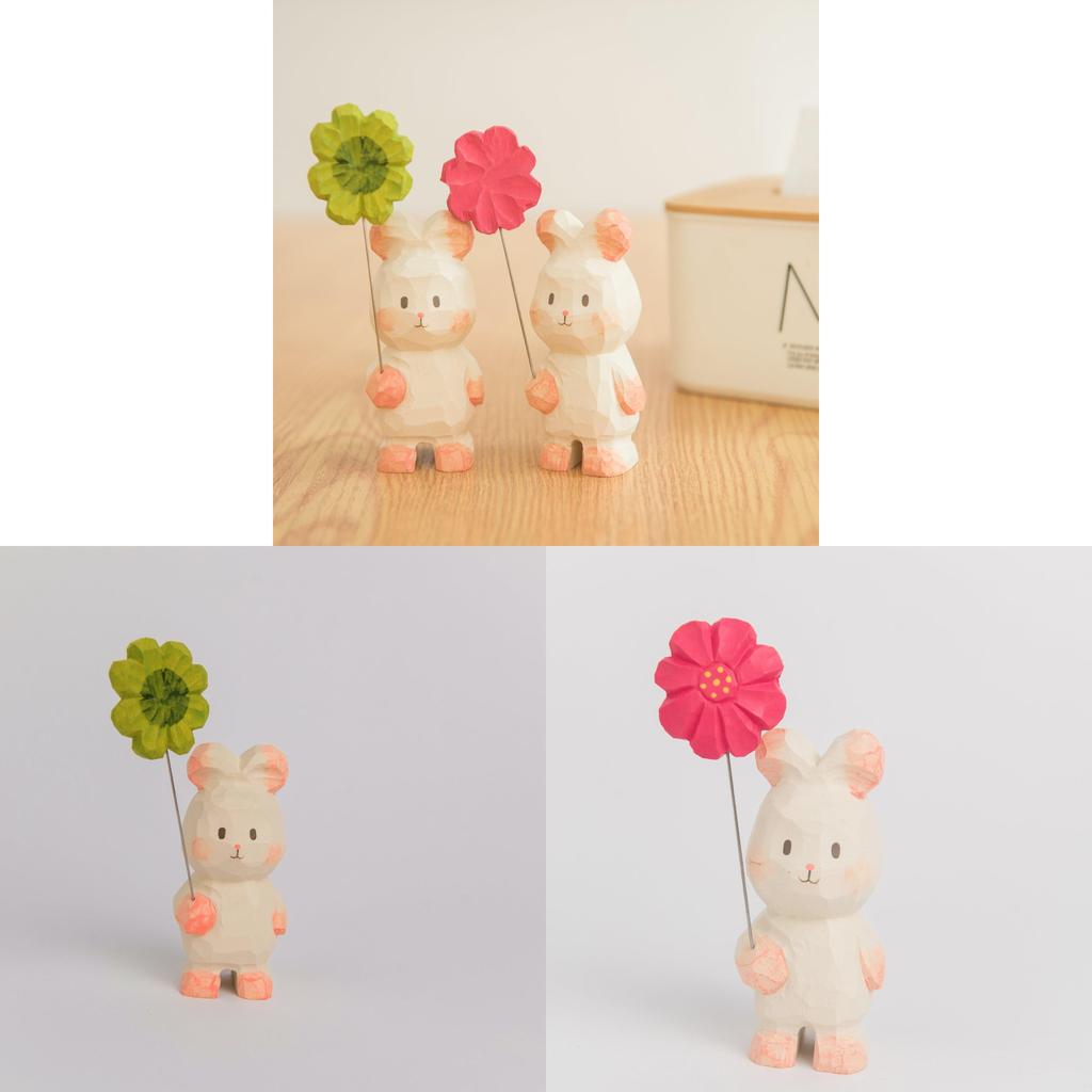 Wooden Bunny Handheld Decor With Small Flowers For Home Office And Car Tabletop Display