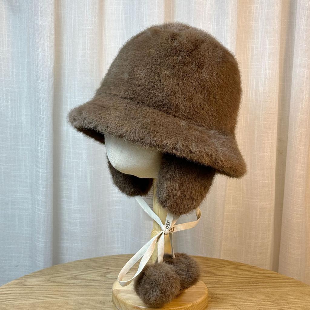 Women's Winter Plush Fisherman Hat with Ball Strap New Face Showing Small Ear Protection Hat Thickened Cold Proof and Warm Hat