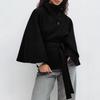 Women's Solid Color Cape Trench Coat with Stand Collar, Button, and Belt - Autumn/Winter 2025 Collection