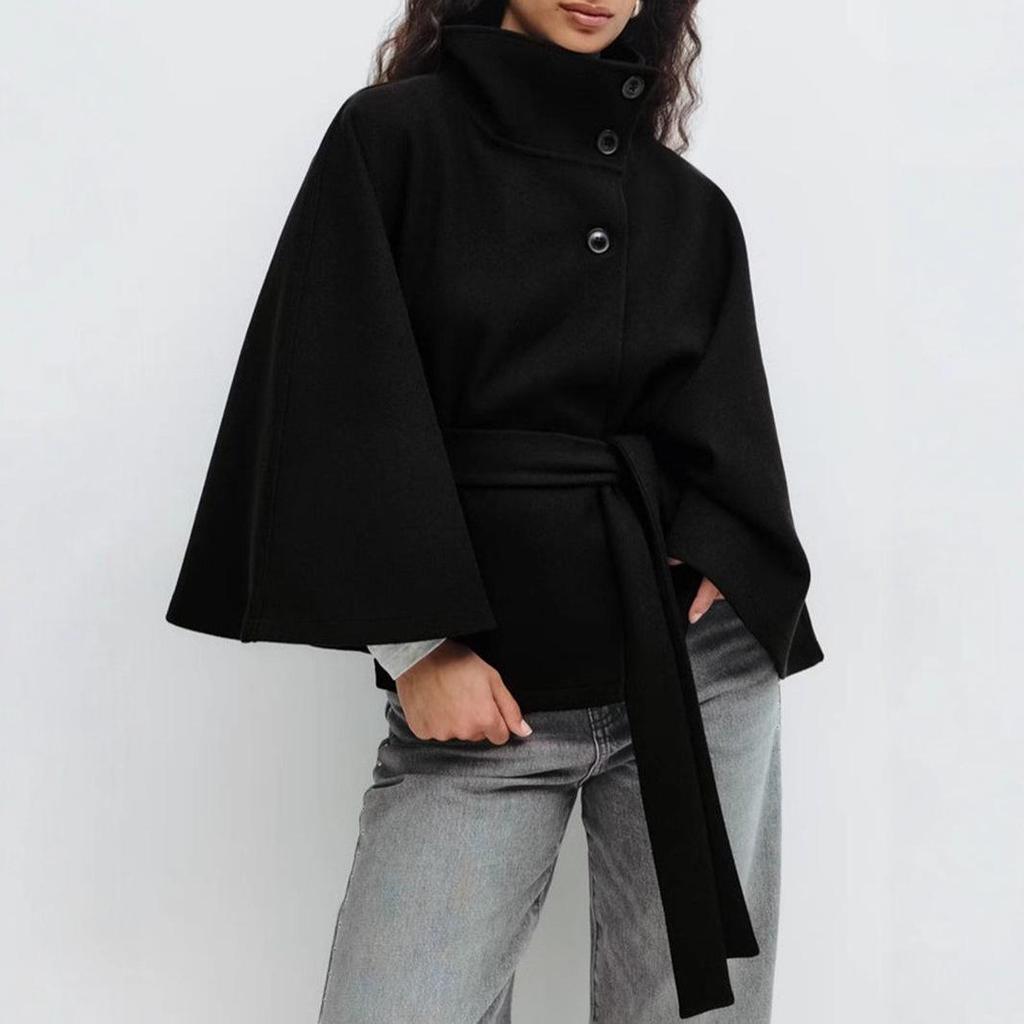 Women's Solid Color Cape Trench Coat with Stand Collar, Button, and Belt - Autumn/Winter 2025 Collection