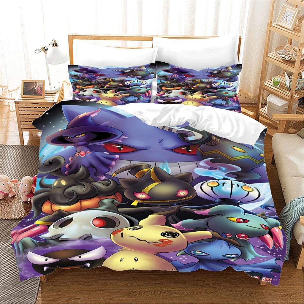 Anime P-Pokémon Printed Bedding Set New Ash Ketchum Pikachu Duvet Cover Comforter Pillowcase Boys Girls Children Adults King Gif