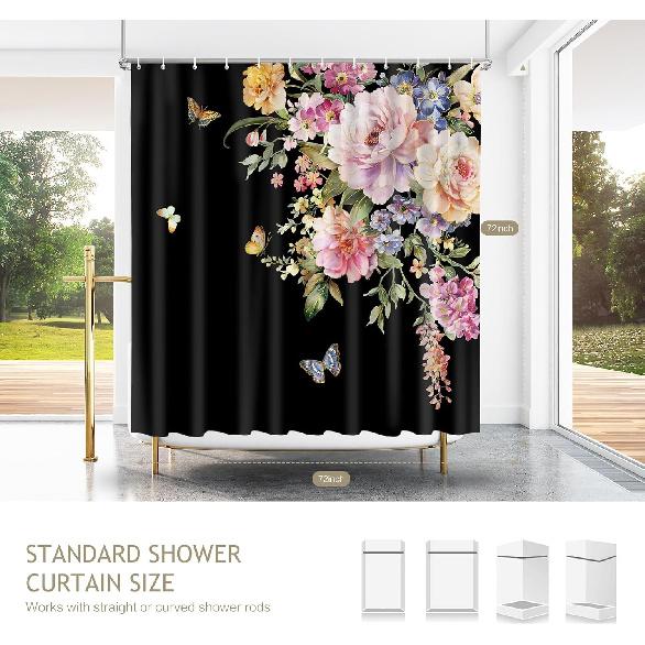 Vimorco Flower Butterfly Shower Curtain, Black Shower Curtains for Bathroom, Waterproof Quick-Dry Polyester Fabric Flower Shower Curtain, Floral Bath