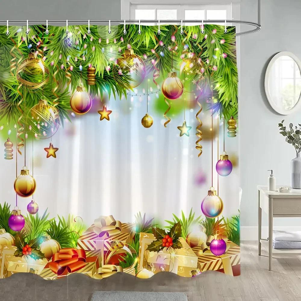 Christmas Shower Curtain Green Pine Branches Xmas Balls New Year Home Decor Polyester Fabric Bathroom Bath Curtains With Hooks