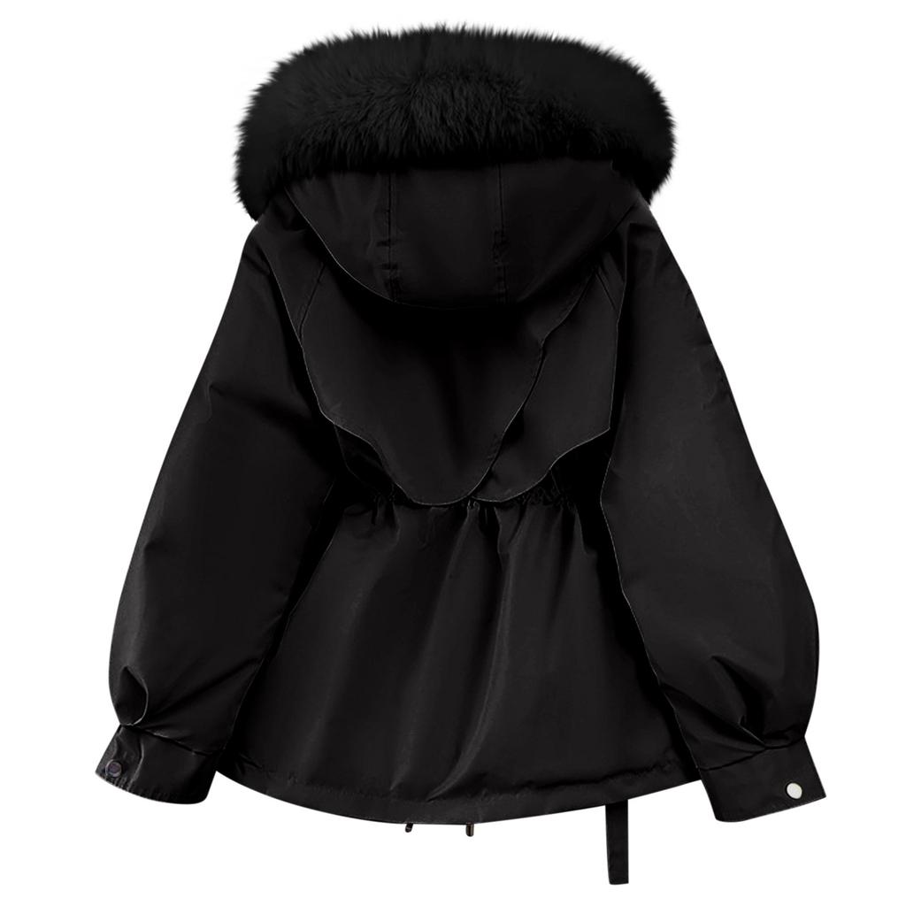 Ladies' Fashionable Casual Solid Color Hooded With Plush Long Sleeved Zipper Button Cotton Jacket