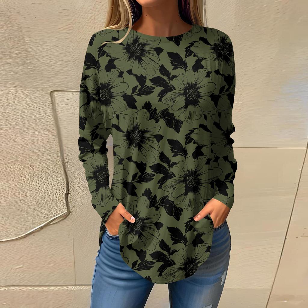 Women's  Loose Casual Flower Printed Round Neck Long Sleeved T Shirt Top Pullover Long Sleeved Sweatshirt