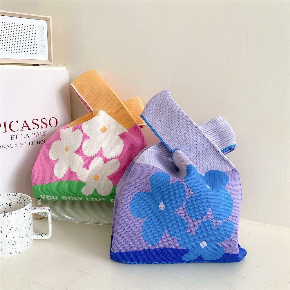 Reusable Mini Shoulder Bag Women Girls Casual Color Knot Wrist Bag Handmade Tote Bag Knit Handbag