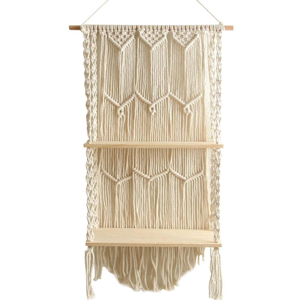Bohemian Style Hand-Woven Wall Hanging Tapestry Wood Shelf Planter Basket 2 Tier Hanging Rack Art Wall Shelves Macrame