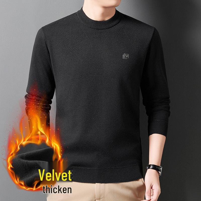 Men's Solid Color Half-High Collar Fleece Knit Sweater - Warm, Casual Base Layer Shirt