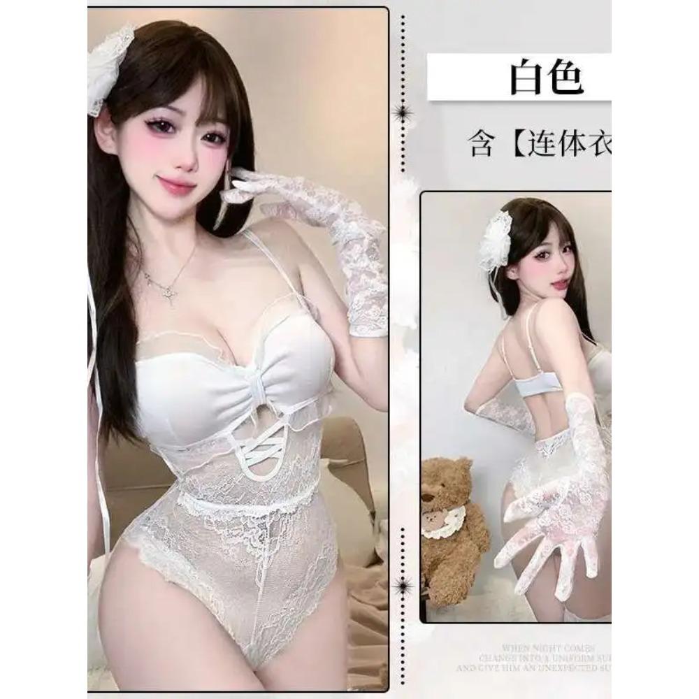 Seksowny Czyste Pragnienie Pasek Koronka Kombinezon Mundurek Otwarty Krok Body Damskie Rompersy Odzież Siatka Koronka Słodkie Topki Przezroczysty 2025 Nowy 19:00