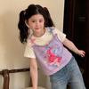 Girls Cute Cartoon Fake Two Piece T Shirt Summer Short Sleeve Positive Shoulder Top