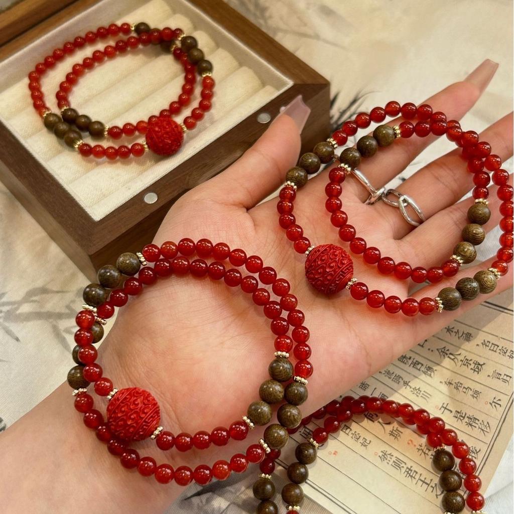 Natural red agate, agarwood, and cinnabar double-loop bracelet, versatile and unique, niche crystal beads