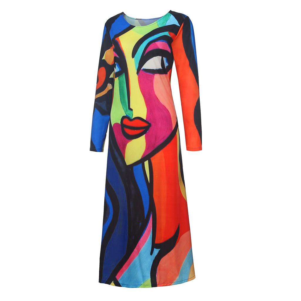 Women Fashion Print Casual Long Sleeve Loose Knee-Length Dresses