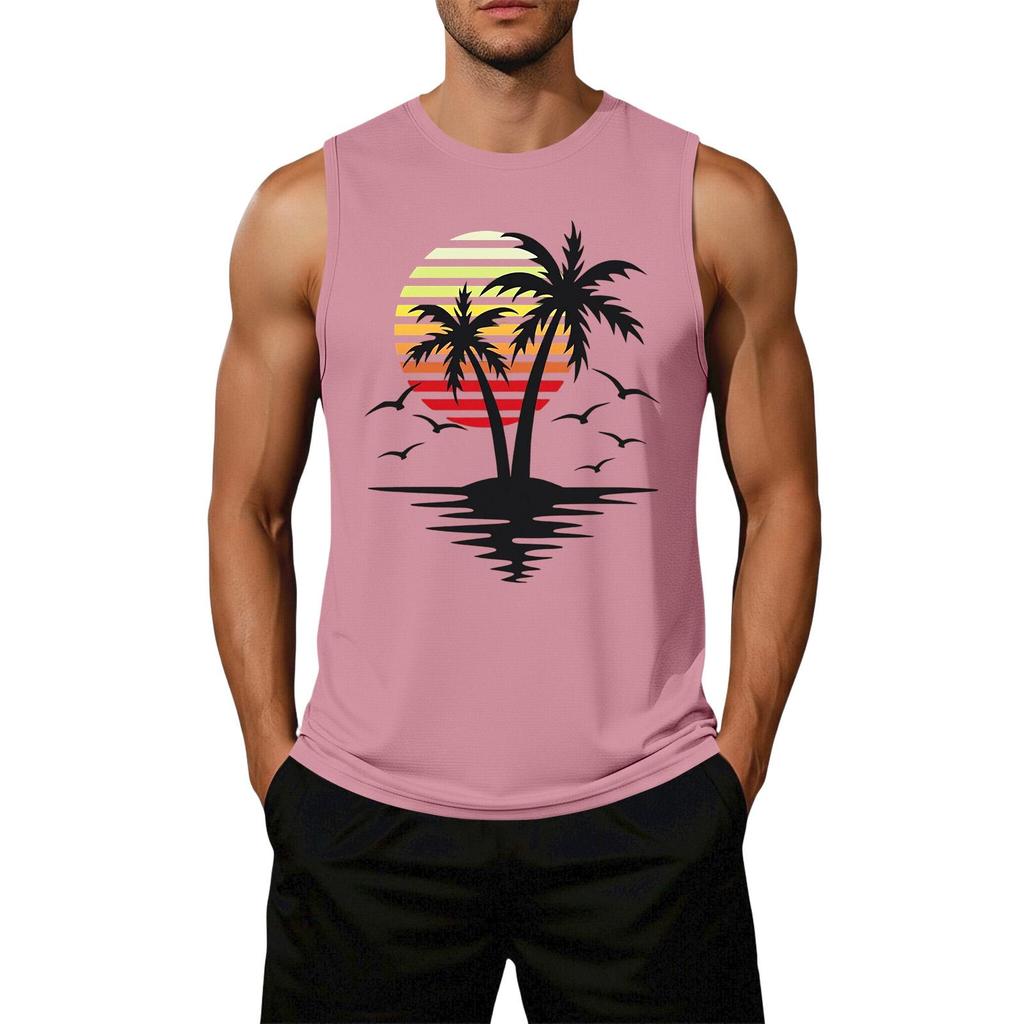 Men's Loose Fit Casual Sleeveless Tank Top Palm Tree Graphic Print Summer Beachwear Muscle Shirt