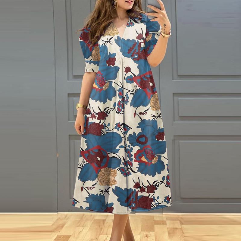 

ZANZEA Женское летнее повседневное платье с коротким рукавом и V-образным вырезом с принтом XL синий