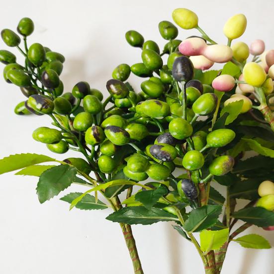 Artificial Berry Stems Faux Green Olive Branches with Leaves Fake Greenery Picks with Fruits for Home Vase Floral Arrangement