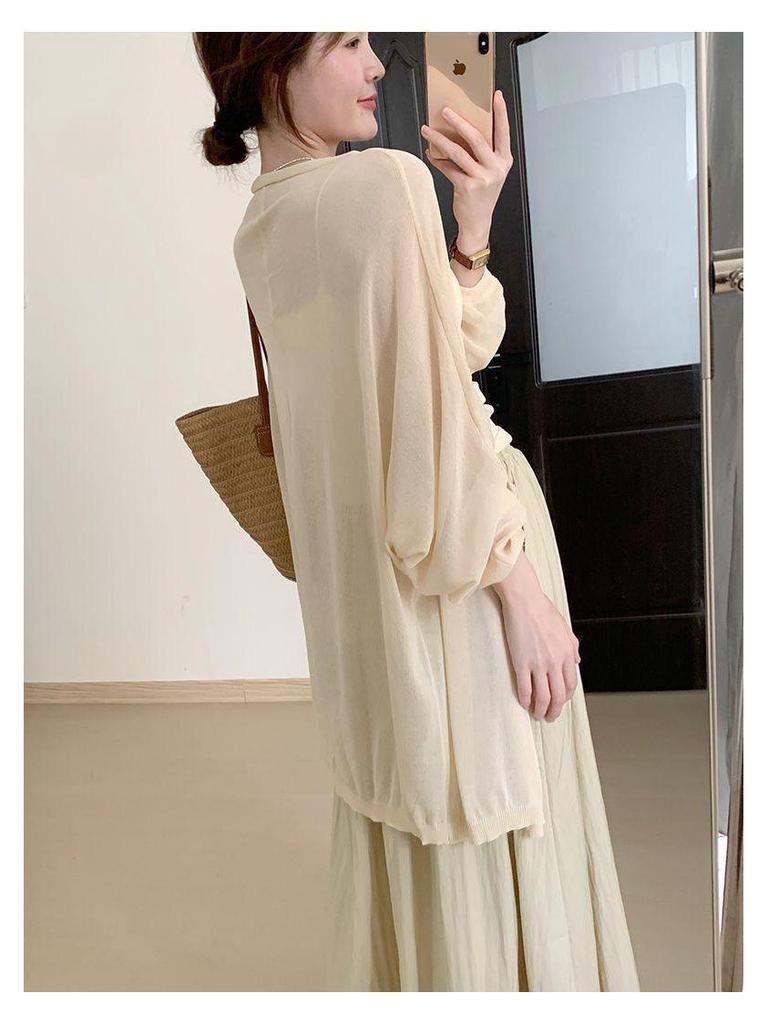 Korean Style Plus Size Loose Knit Cardigan - Spring/Summer, Long Sleeve, Airy & Elegant