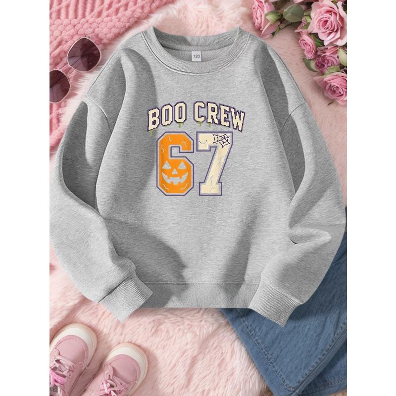Kids Unisex Crewneck Sweatshirt, Halloween Boo Crew Pumpkin Spider Web 67 Number Long Sleeve Pullover, Sweatshirt for Boys Girls Over 4 Years Old