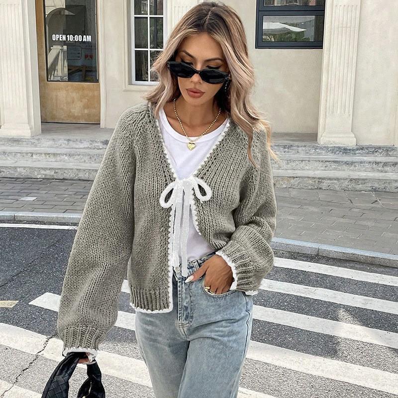 Womens Long Sleeve Knit Cardigan Contrast Trim Tie Front V Neck Sweater Fall