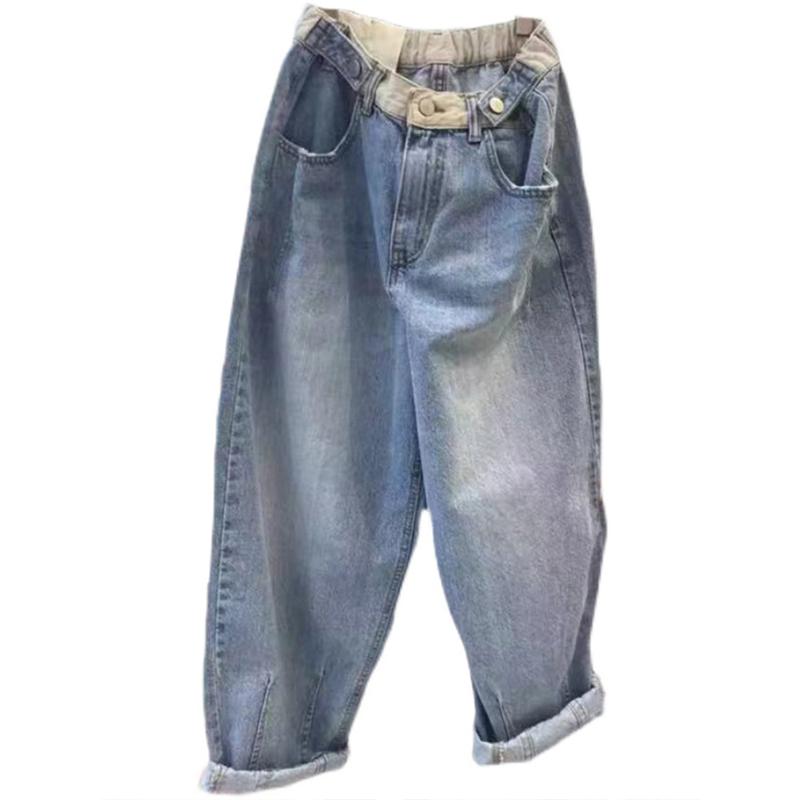Kadın İlkbahar Yırtık Moda Sokak Kotu Yüksek Bel Fermuarlı Düz Kesim Günlük Bol Mavi Denim Kısaltılmış Pantolon