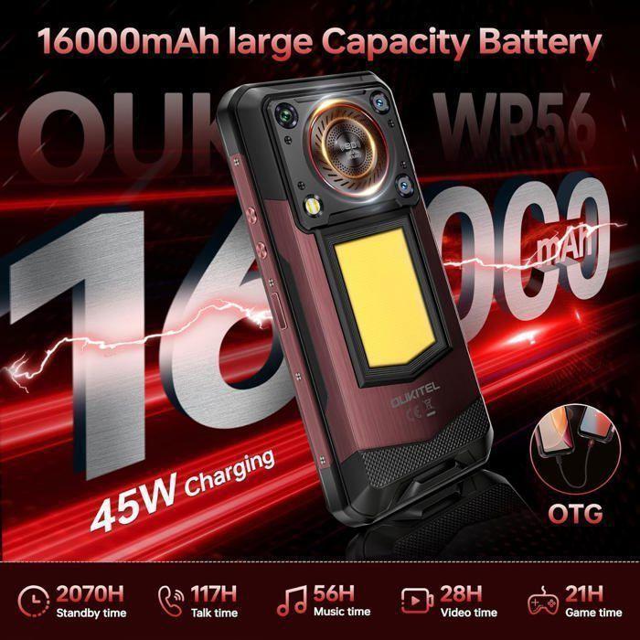 Smartphone Robuste 5G OUKITEL WP56 6.8" 36GO+512GO 16000mAh 128dB Haut-Parleur Telephone Portable Incassable Dual SIM/NFC Rouge
