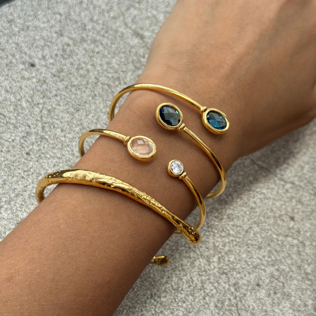 J&D 18K Gold Stainless Steel Spring Open Bangle Cuff Blue White CZ Connector Flexible Adjustable Hypoallergenic Dainty