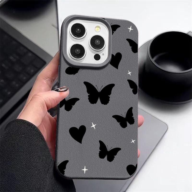 Coque Mate Motif Papillons Cœurs d'Amour Pour iPhone 16 Pro 15 Pro Max 14 13 12 11 TPU Texture Cuir Antichoc Douce Fine Housse de Téléphone