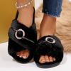 Fashion Fashion Cross Strap Plush Slippers Women Metal Detor House Cotton Slippers Woman Winter 2025 Soft Anti Slip Plush Slides Female