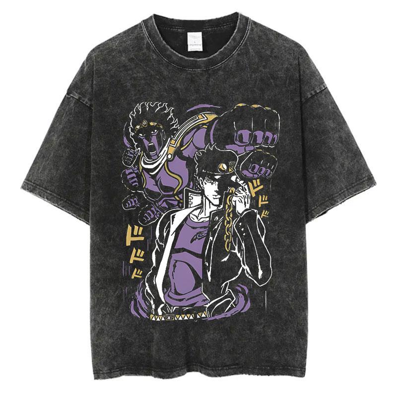 Vintage Washed TShirt Men Summer Hip Hop Streetwear T-shirt JoJo Bizarre Adventure Anime Print Cotton Casual Short Sleeve T-shirt Daily Wear Cool Top