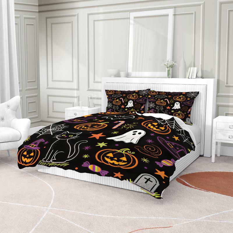 Cute Halloween Duvet Cover Set Cartoon Ghost Black Cat Pumpkin Tombstone Print Bedding Set Fashion Quilt Cover Set Bedroom Decor