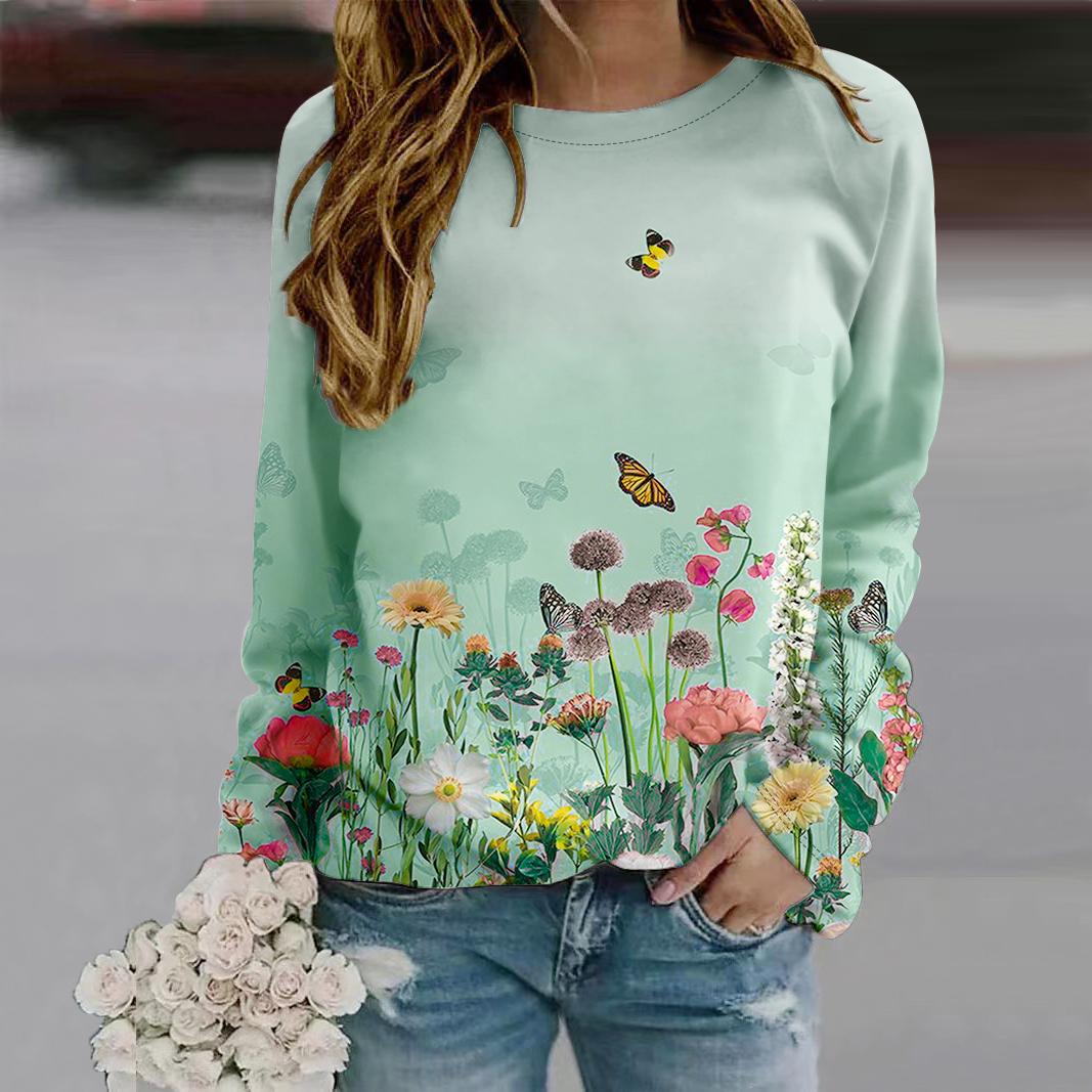 

Осенняя женская мода с круглым вырезом и длинным рукавом, свободная одежда, футболка с принтом бабочки жимолости для девочек, уличная одежда 8XL циан