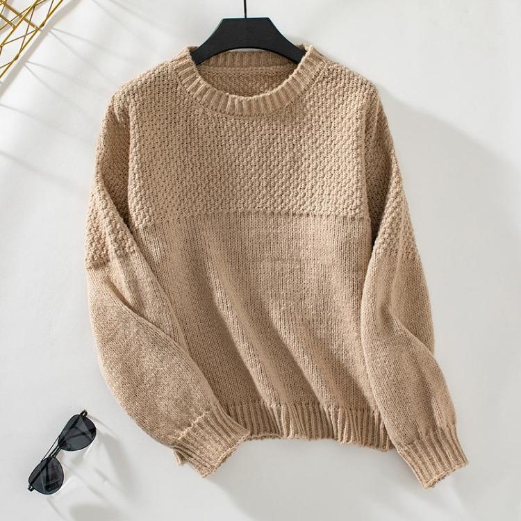 Autumn Winter Vintage Knitwear Sweater Loose O Neck Pullover Top Long Sleeve Solid Color