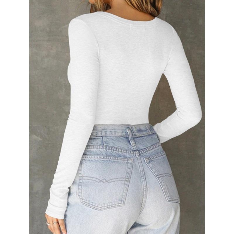 Women Black Ribbed Knit Notch Neck Long Sleeve Slim Fitted Top S