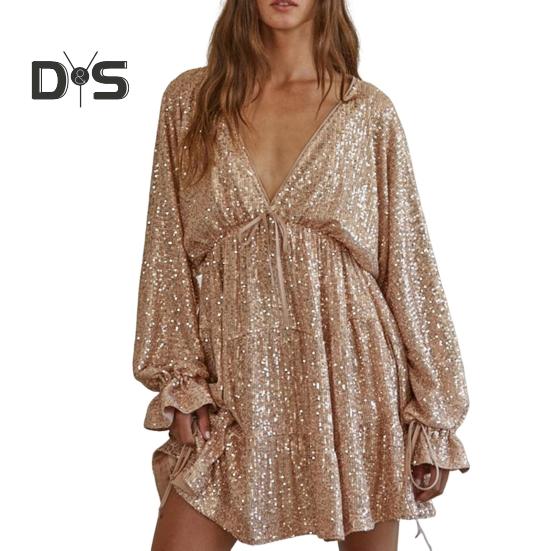 

Платье для вечеринки в женском клубе с глубоким V-образным вырезом, сверкающими пайетками, свободным однотонным цветным платьем с длинными рукавами, бантом, шнуровкой на бретелях, утягивающим мини-платьем L золотистый