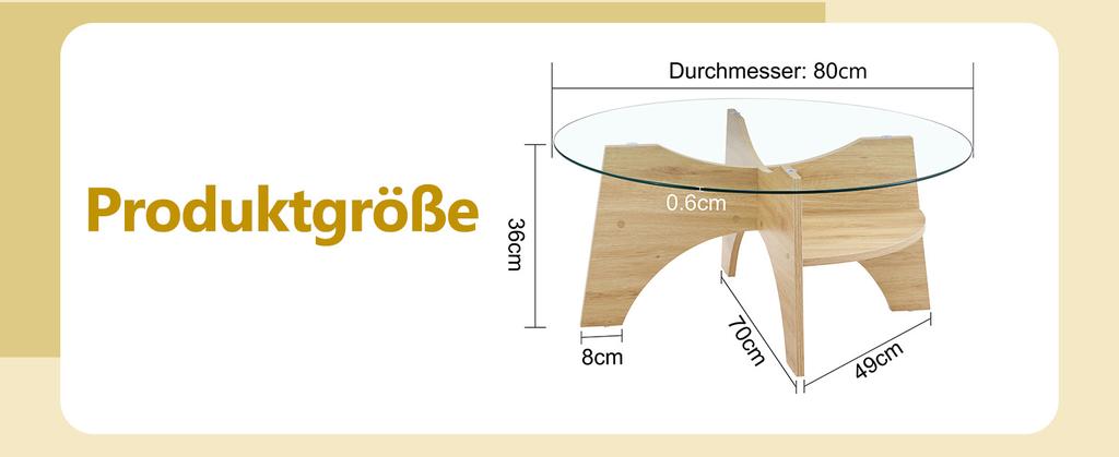 Modern Round Glass Coffee Table – diameter 80 cm with Transparent Top. Fan-shaped Frame, Table Legs MDF Natural Wood Tone. Ideal for Living Room.