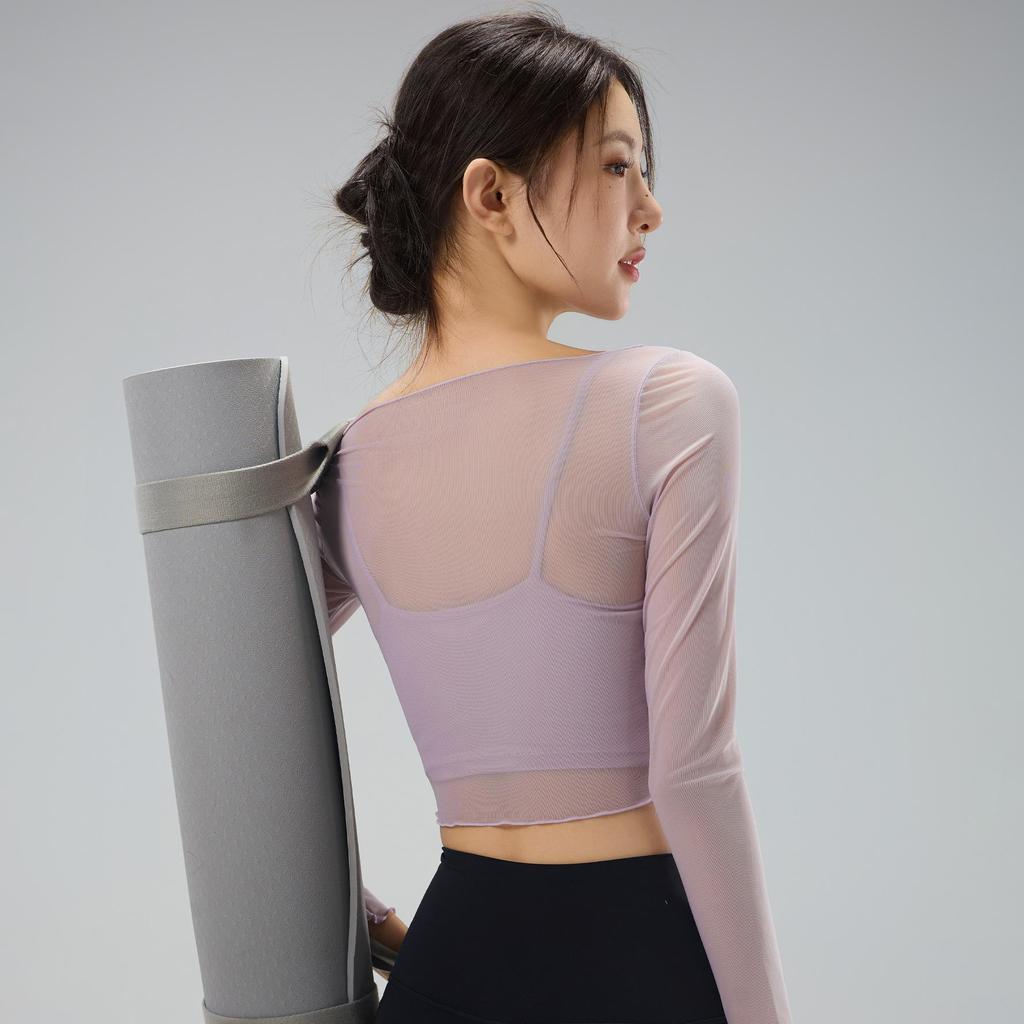 Women's Mesh Yoga Top with Built-In Bra, Two-Piece Look, Beautiful Back Design, Perfect for Pilates, Yoga, and Fitness
