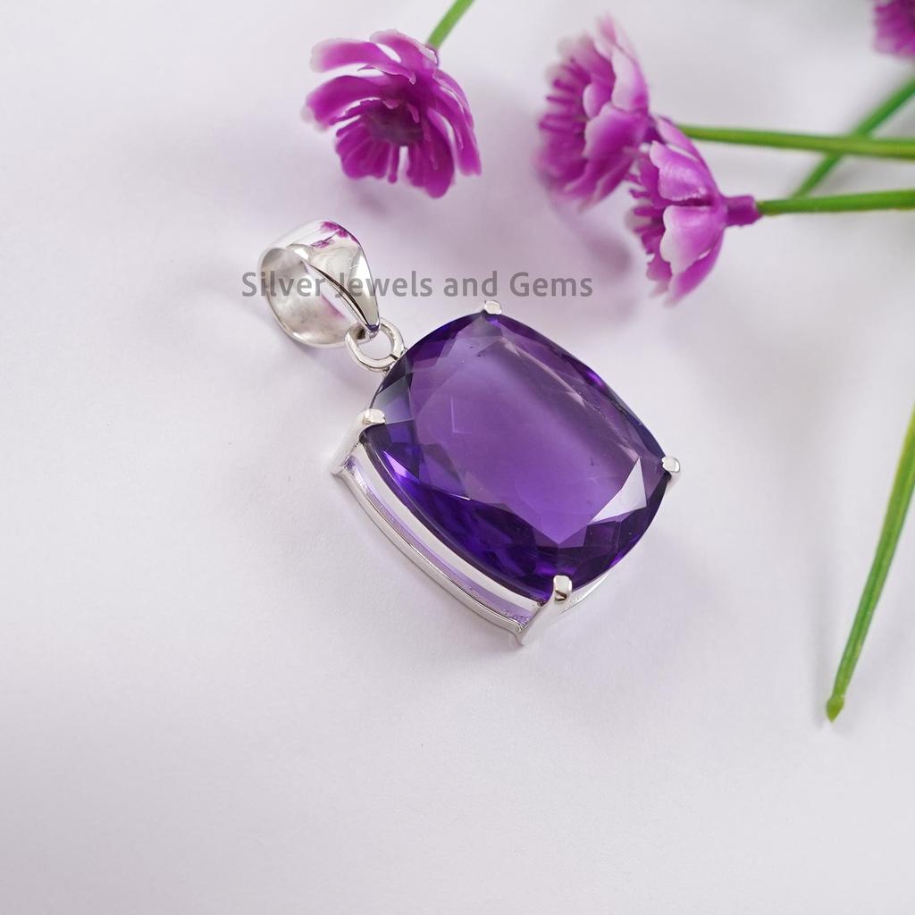 Natural Amethyst Pendant, Handmade Pendant, 925 Sterling Silver Rectangle Pendant, Anniversary Pendant, Gemstone Pendant