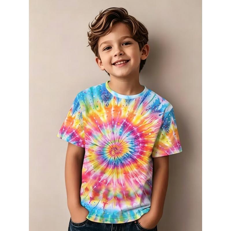 Children's Clothing Boys Spiral Tie-Dye Short Sleeve Rainbow Swirl Print Round Neck Top Summer Casual Erano Colorido Boy Clothes