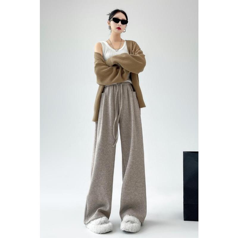 Real autumn and winter new glutinous rice pants women's high waist loose drape straight casual wide-leg pants thickened and velvet pants