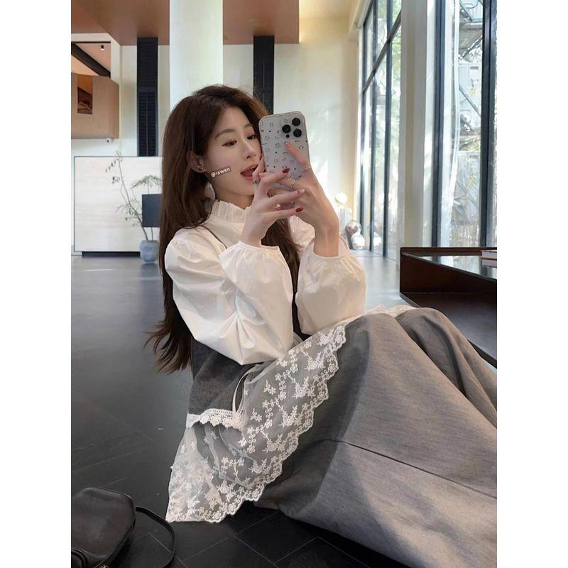 Kumikumi Design Lace Long Sleeve Shirts Stacked Vest Sling Women Autumn Loose Casual Pants Three-Piece Set