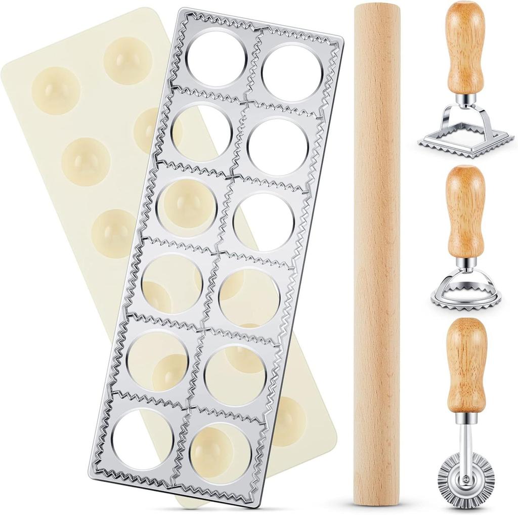 Wooden Rolling Pin Pasta Dough Cutter Set Stainless Steel Ravioli Mold Dumpling Maker Kitchen Tool for Homemade Italian Pasta Dough Preparation