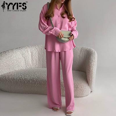 Women's Fashion Casual Solid Color Print Long Sleeve POLO Neck High Waist Trousers Pants Suits