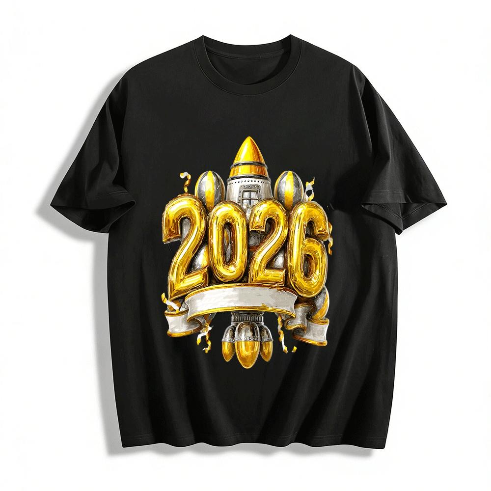 2026 New Year Rocket Themed Balloon Print Trendy Casual Top Pure cotton T-shirt XXS