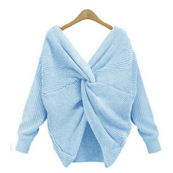 European Fashion Batwing Sleeve Knit Sweater with Cross Back Design for Women
